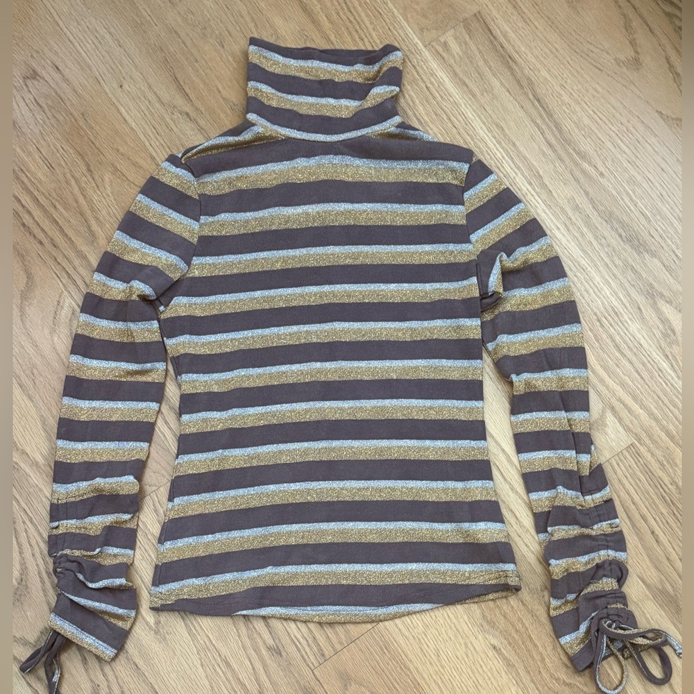J.O.A. Turtleneck Sweater Striped Light Brown Silver Gold Sz S Never Worn No Tag